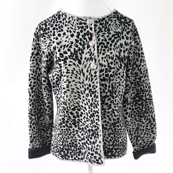 Austin Reed 100% Wool Leopard Cardigan Gray Black Neutral, Long Sleeve Sweater - Picture 6 of 8
